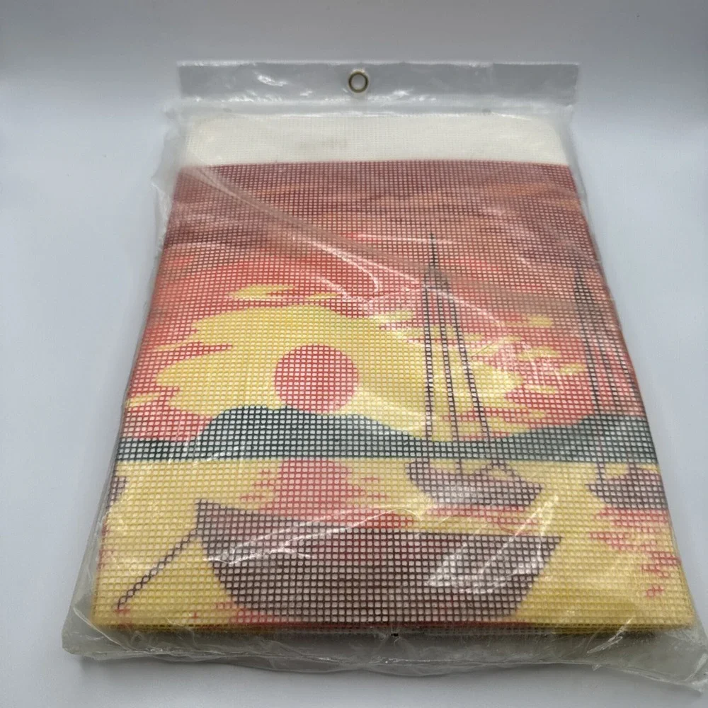Caron Needlepoint Kit Harbor Sunset Boats Vtg 70s 4590 Nautical Coastal‎ Beach
